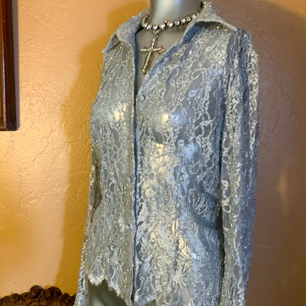 Basic II Blue Beaded Long Sleeve Button Up Blouse. Sz L